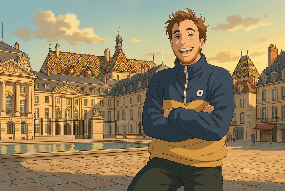Antoine Broin illustré à Dijon, devant des toits de tuiles vernissées bourguignonnes