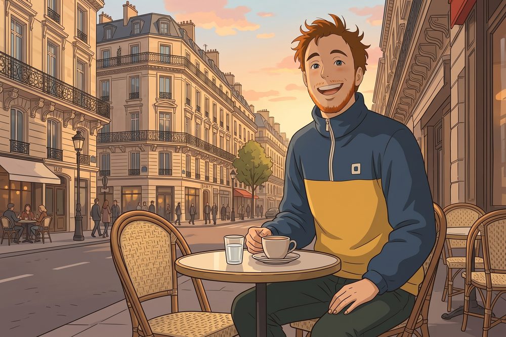 Antoine Broin illustré à la terrasse d'un café parisien