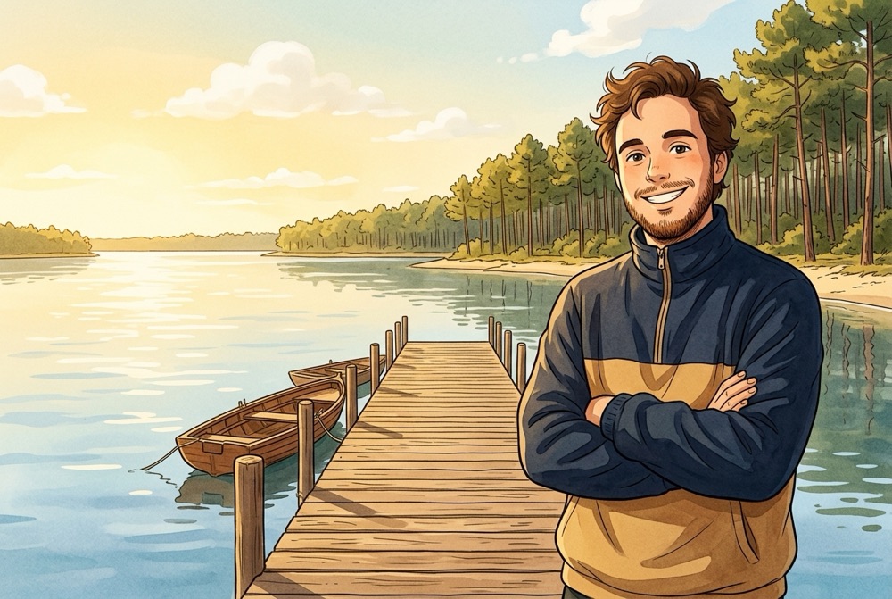 Antoine Broin illustré sur un ponton au bord du lac de Biscarrosse et de la forêt des Landes
