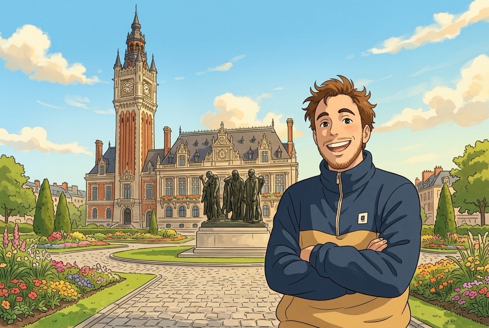 Antoine Broin illustré devant l'Hôtel de Ville et le beffroi de Calais