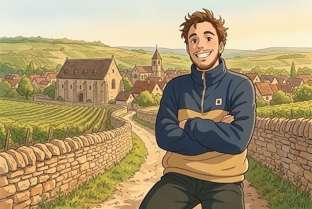 Antoine Broin illustré sur les hauteurs du Clos du Roi à Chenôve devant les Pressoirs des Ducs de Bourgogne