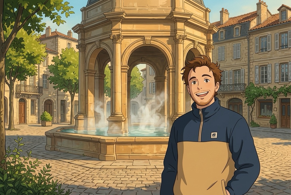 Antoine Broin illustré devant la Fontaine Chaude de Dax
