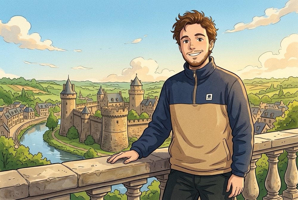 Antoine Broin illustré devant le château médiéval de Fougères depuis le jardin public