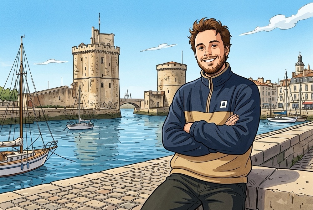 Antoine Broin illustré sur les quais du Vieux-Port de La Rochelle face aux tours médiévales