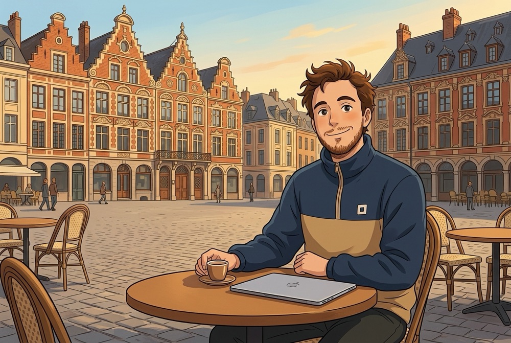 Antoine Broin illustré à la terrasse d'un café sur la Grand-Place de Lille
