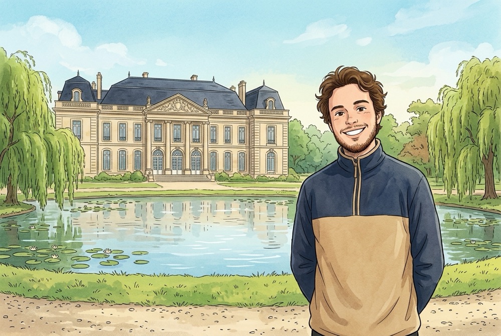 Antoine Broin illustré dans le parc de Bourran à Mérignac, devant le château et le plan d'eau