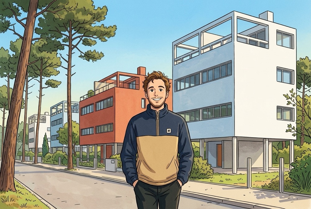 Antoine Broin illustré devant la Cité Frugès Le Corbusier à Pessac