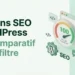 Illustration bannière Plugins SEO WordPress avec jauge PageSpeed 100, checklist d'optimisation et roue WordPress