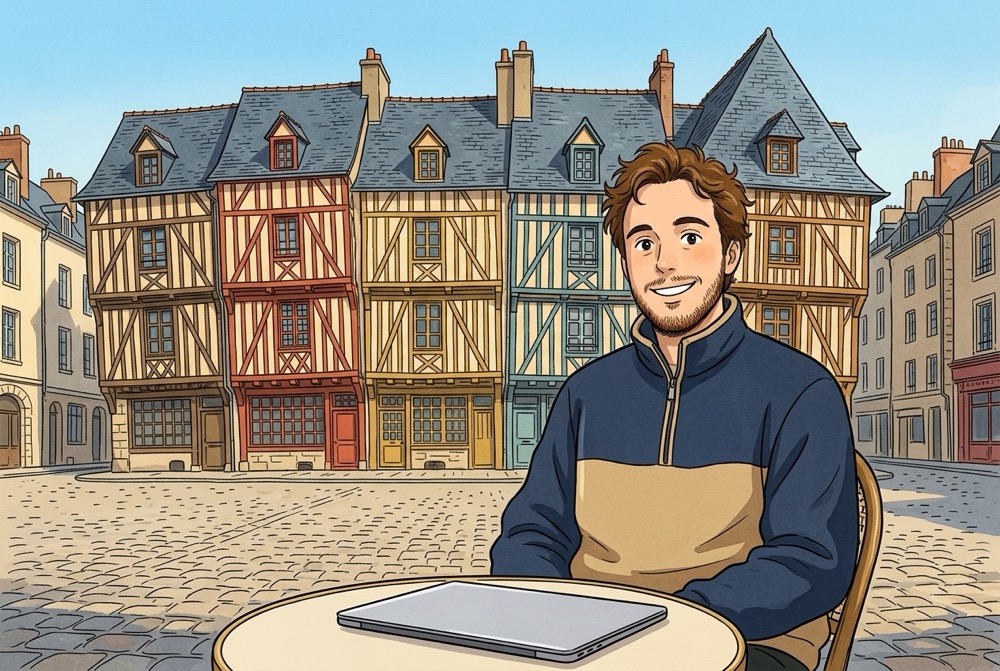 Antoine Broin illustré place du Champ-Jacquet à Rennes devant les maisons à pans de bois