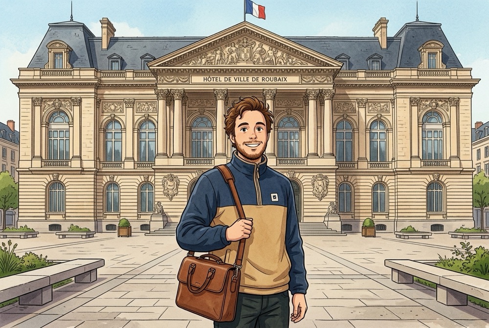 Antoine Broin illustré sur la Grand-Place devant l'Hôtel de Ville de Roubaix