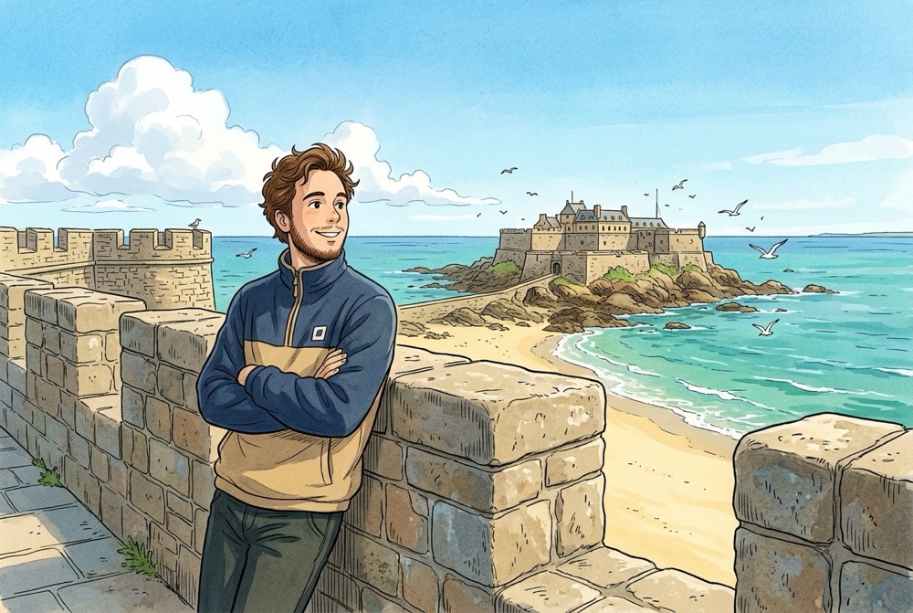 Antoine Broin illustré sur les remparts d'Intra-Muros à Saint-Malo face au Fort National