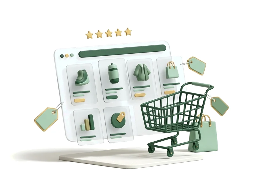 Illustration 3D vitrine Google Shopping e-commerce, chariot et fiches produits