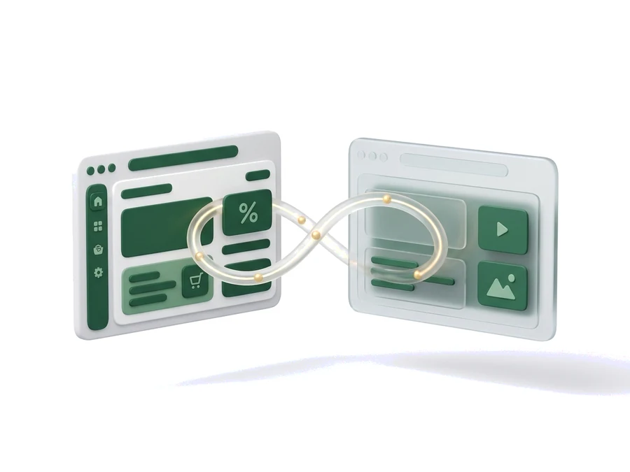Deux navigateurs 3D reliés par un flux continu, illustration du cross-domain tracking