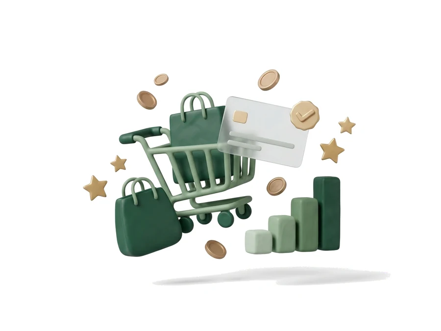 Chariot d'achat 3D et commande validée, illustration du tracking e-commerce et conversions